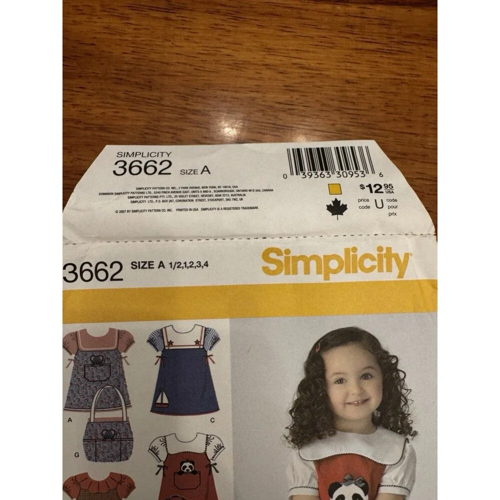 Simplicity 3662 Sewing Pattern Toddlers Jumper Blouse Tote Bag Size 1/2 to 4